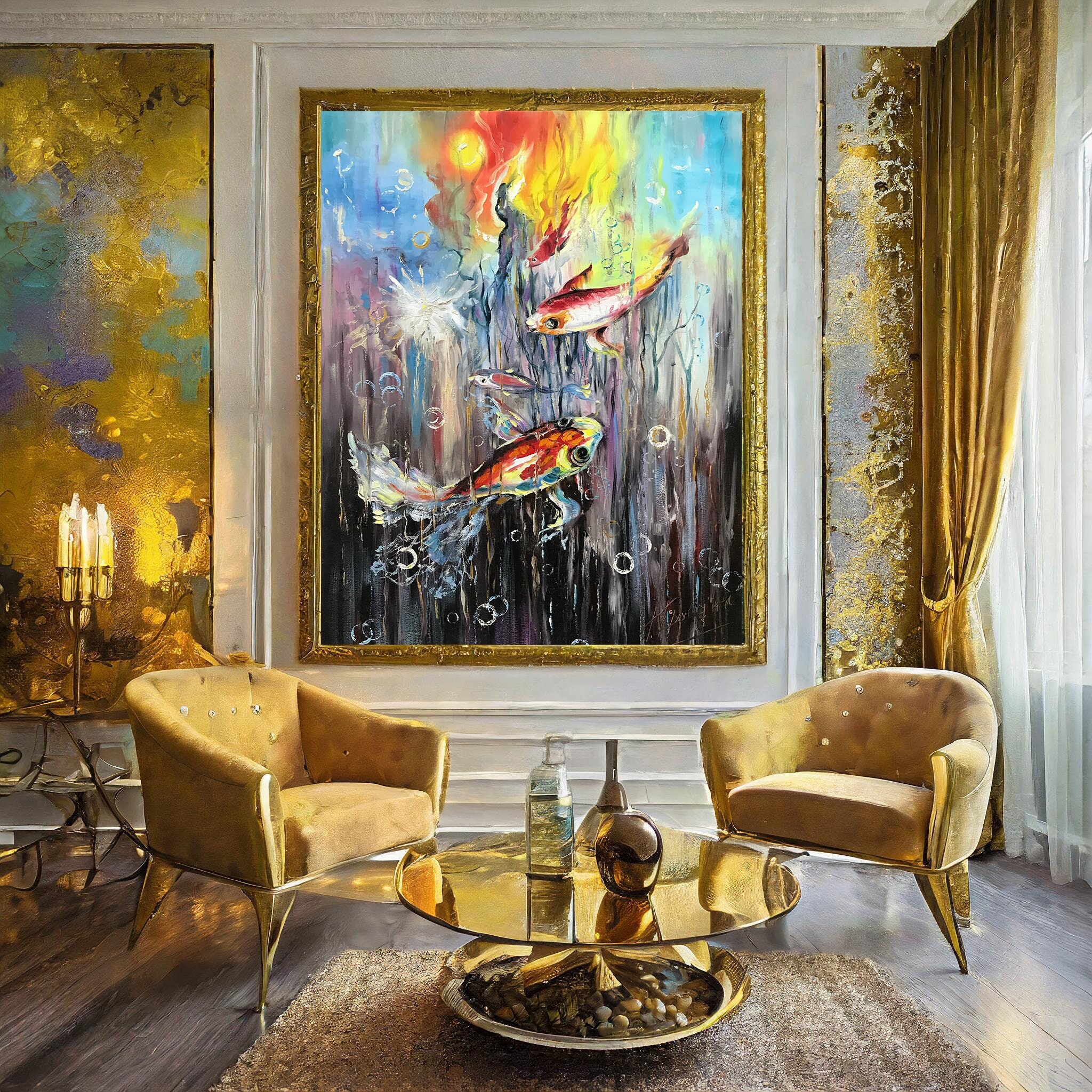 オリジナルの金魚油絵：水中水槽の壁アート - Etsy 日本