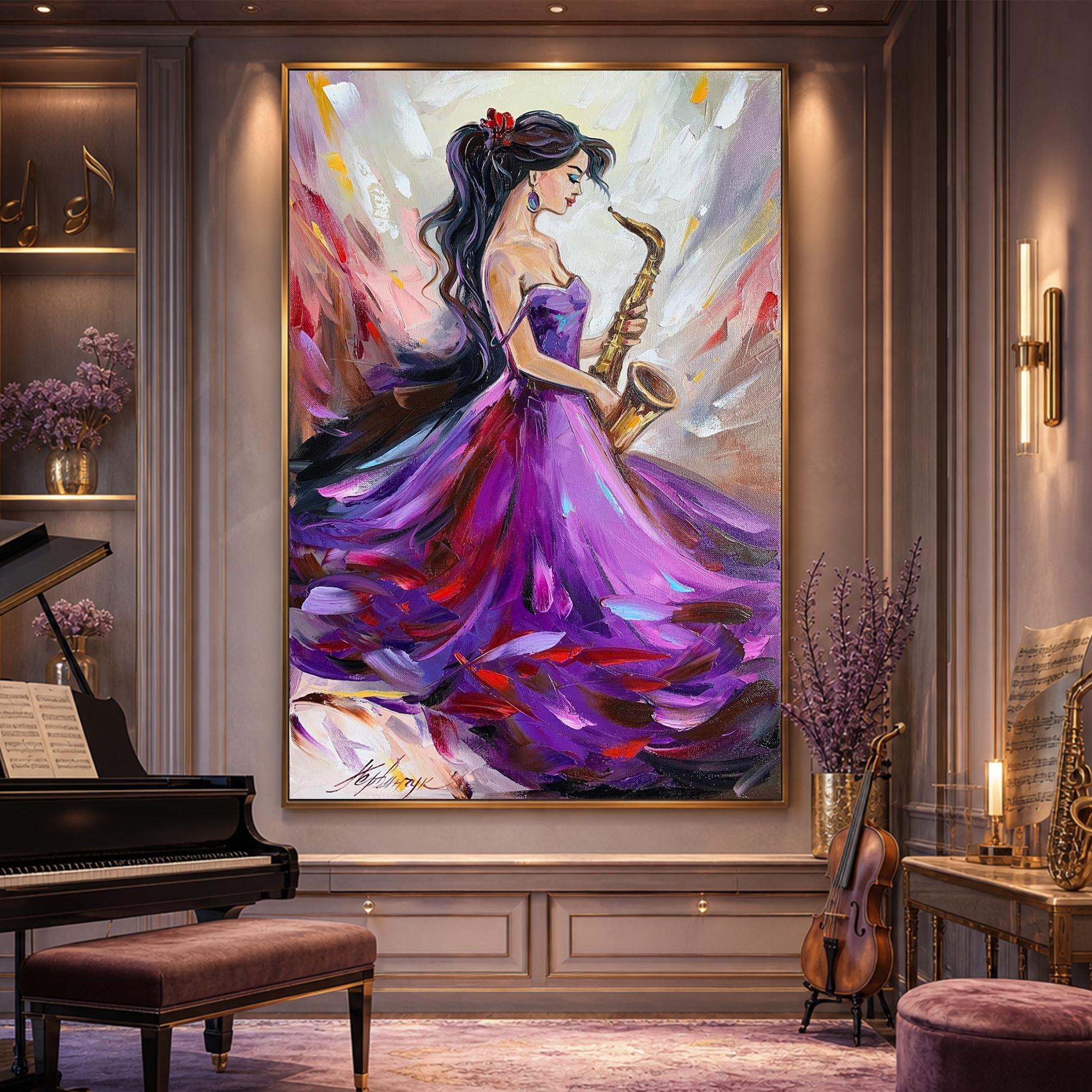 サックス奏者の女性の絵画、キャンバスに描かれたオリジナルのジャズ