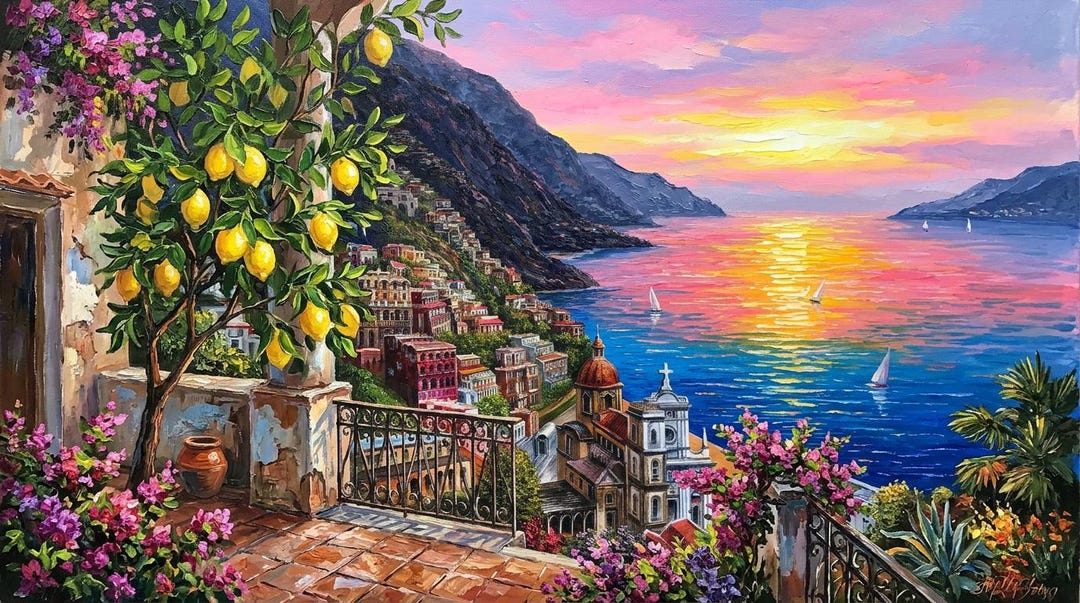 イタリアのレモンの木を描いたキャンバス油絵：カラフルなポジターノ