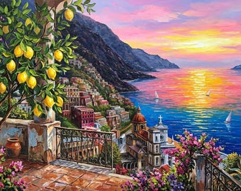 イタリアのレモンの木を描いたキャンバス油絵：カラフルなポジターノ