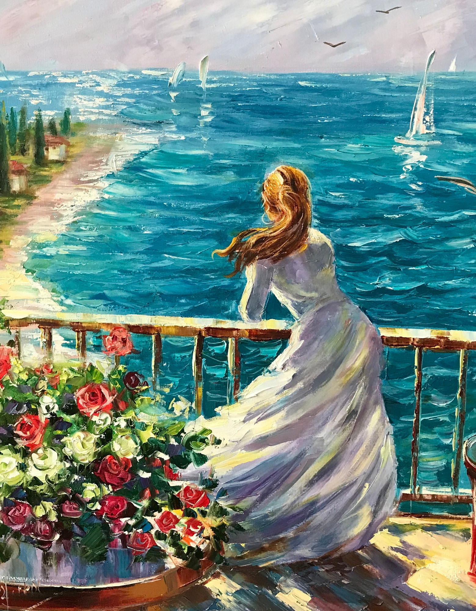 海辺の女性 油絵 ビーチで夢見る少女 アート風景画 キャンバス