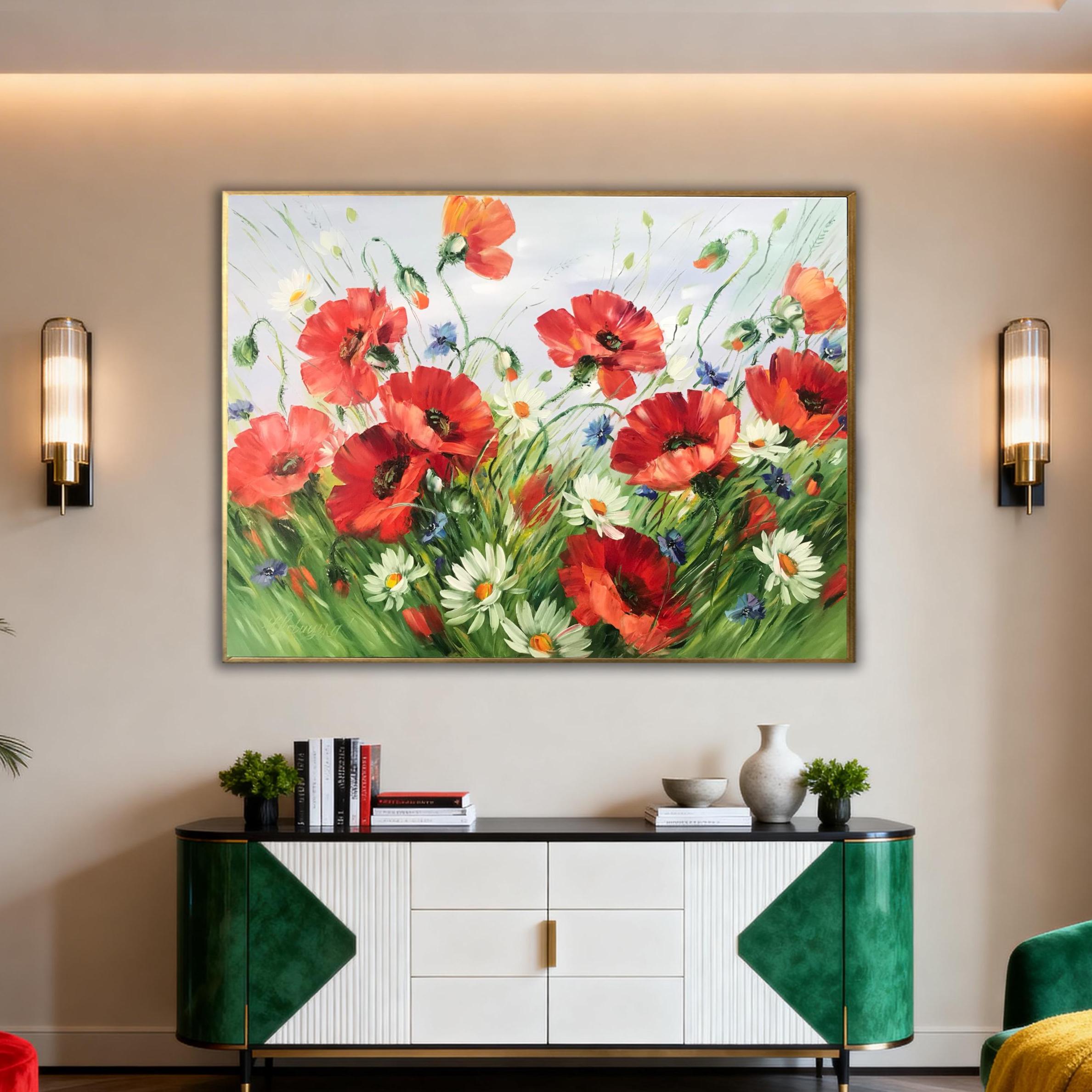 ポピーフィールドの油絵オリジナルアートワークキャンバスに描かれた