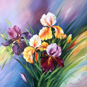 Iris Flower Original Painting, Large Flowers in Bloom Wall Art, Irises Painting Oil on Canvas, Botanical Abstract Floral Art, Iris Wall Art