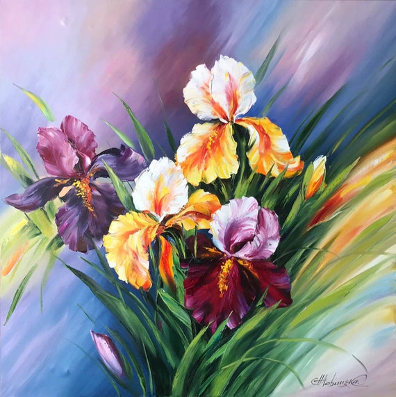 Dipinto originale fiore di iris, grandi fiori in fiore arte della parete,  pittura ad olio di iris su tela, arte floreale astratta botanica, arte  della parete dell'iride -  Italia