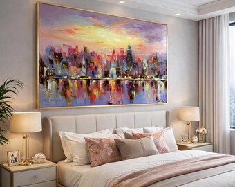 値引き 都市風景の油彩画 130×72センチ　大きめのキャンバス 大きな夜景の抽象画、都市景観画、特大サイズのモダンな都市の壁掛け
