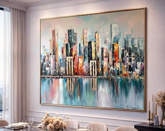 純正な手描きの油絵アメリカの抽象的な装飾画玄関通路の壁画 ニューヨーク市の大型抽象画、都市景観画、特大ニューヨークモダン