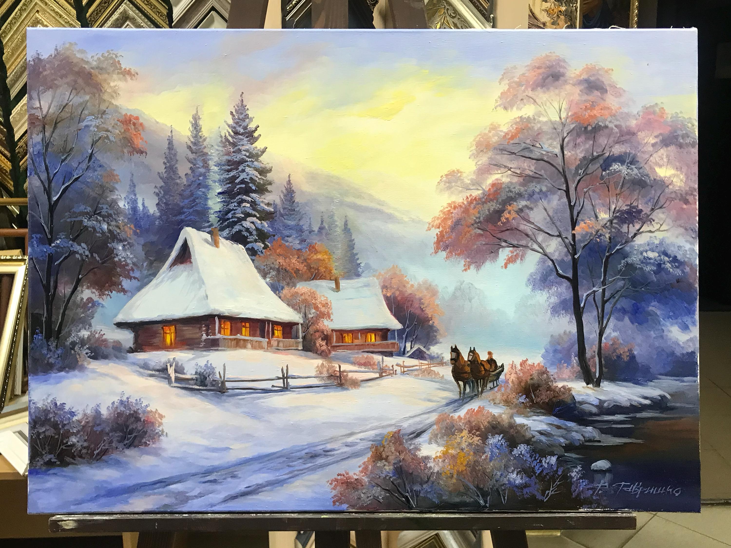 Snow Scene Painting Folk Art Winter Forest Painting Original