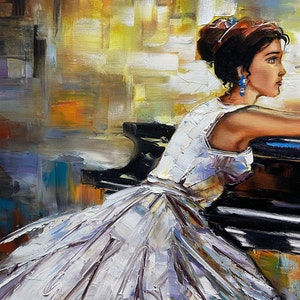 May include: Oil painting of a woman in a white dress, seated at a black piano. The artwork features a palette knife technique, with visible brushstrokes and a textured appearance. The background has warm tones of yellow, orange, and brown.