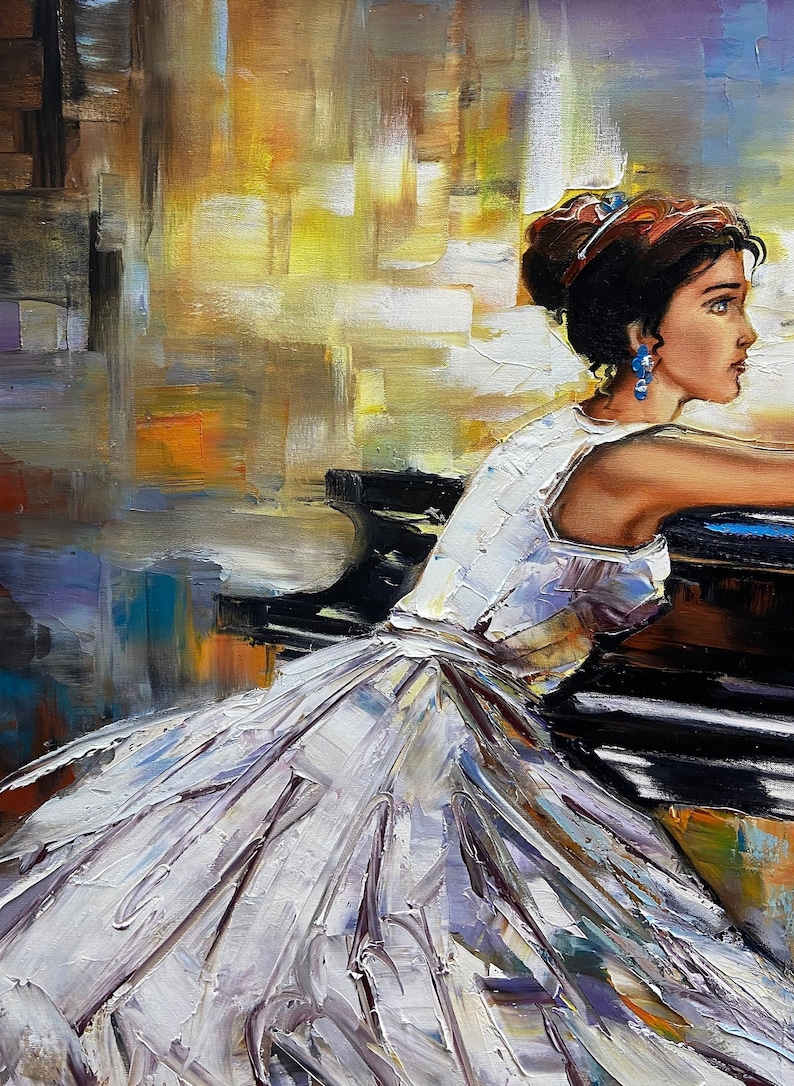 May include: Oil painting of a woman in a white dress, seated at a black piano. The artwork features a palette knife technique, with visible brushstrokes and a textured appearance. The background has warm tones of yellow, orange, and brown.