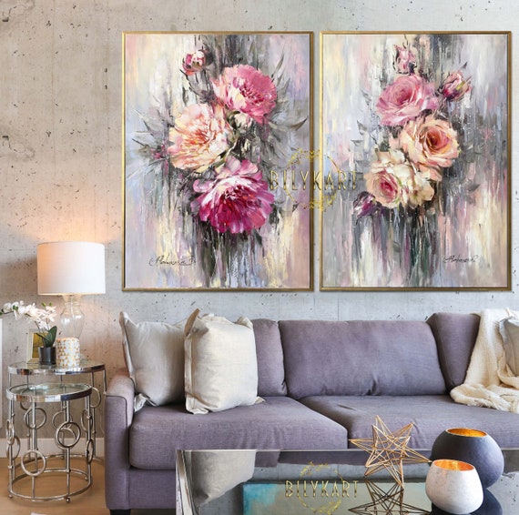 Juego de 2 pinturas grandes en lienzo Decoración floral de la pared Floras  Pinturas hechas a