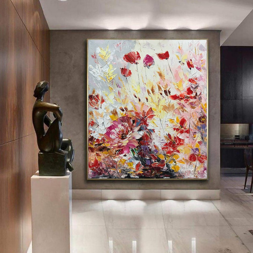 Large Abstract Flowers Oil Painting on Canvas Red Floral Wall Art ...