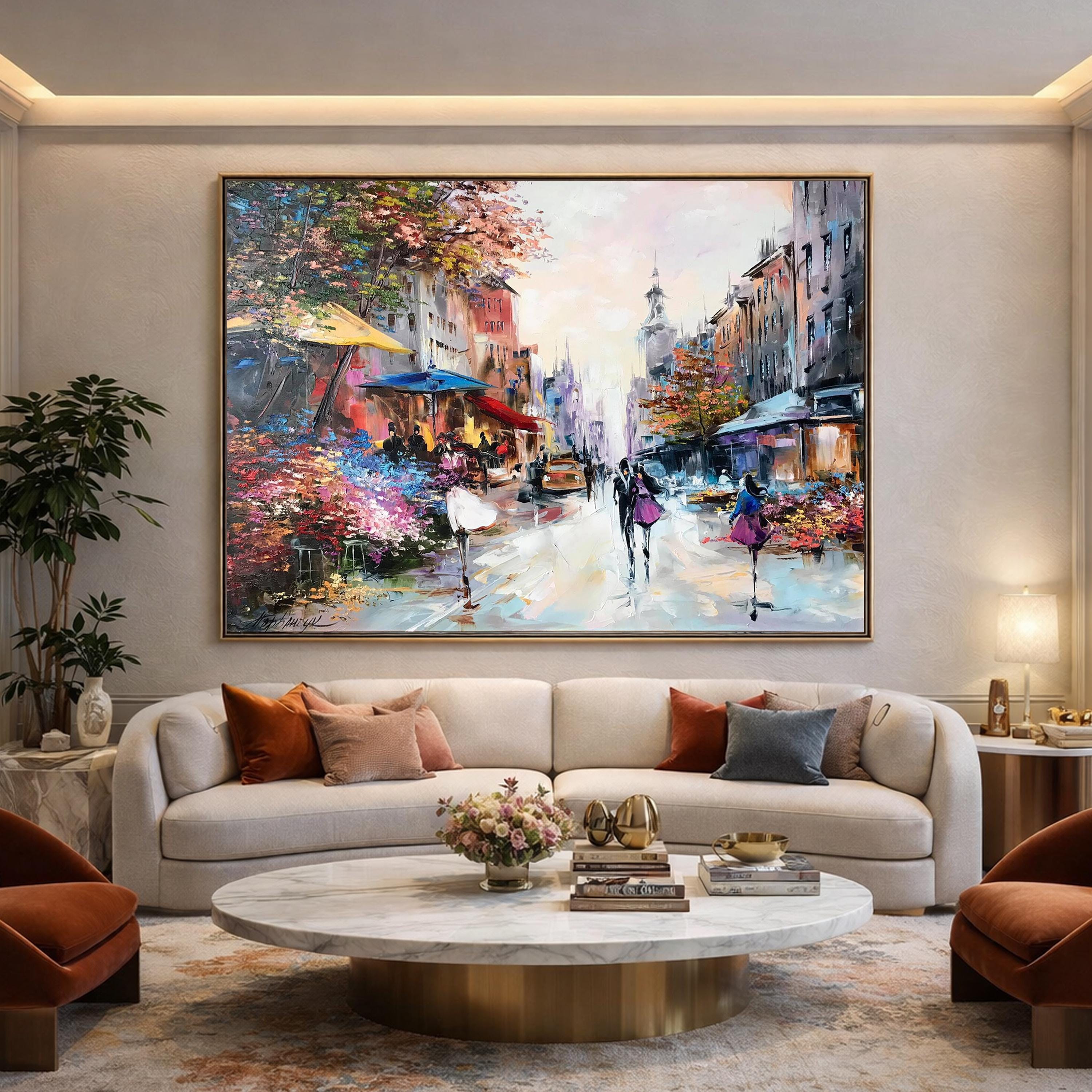 抽象的な都市景観の油絵 オリジナル フランスのカフェ風景 パリの絵画