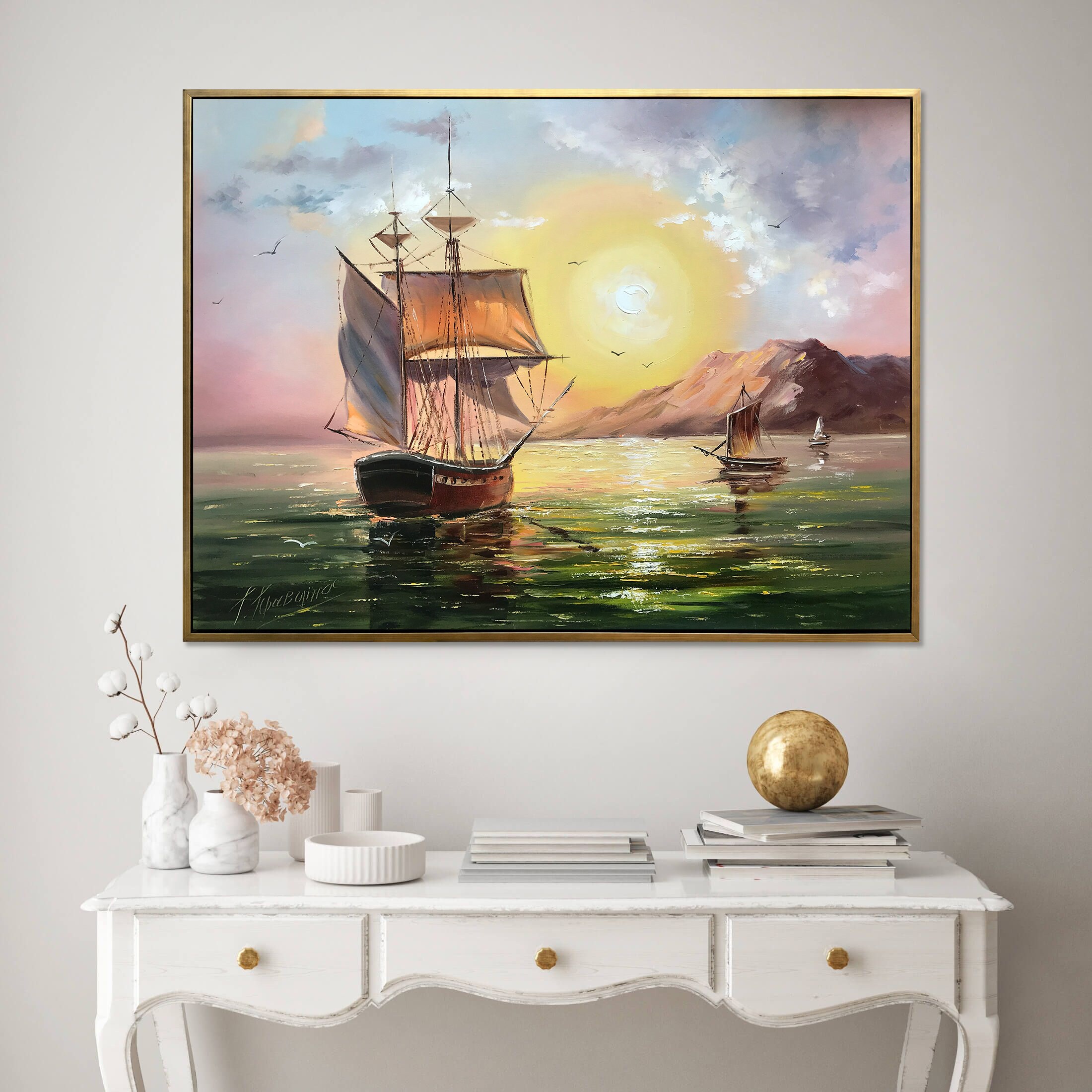 帆船の油絵 夕日に沈む船のオリジナル絵画 帆船の壁画 沿岸の 帆船の油絵 夕日に沈む船のオリジナル絵画 帆船の壁画 沿岸の