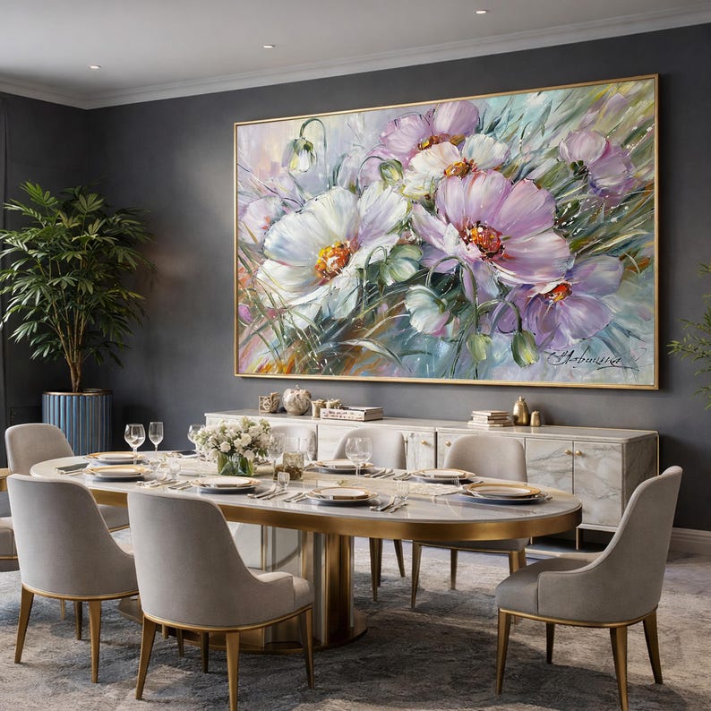 Large Flowers Oil Painting Original Daisy Wall Art Saga Green Purple Dining Room Decor Above Bed Art 40x30 Realistic Flower Daisy Painting image 3