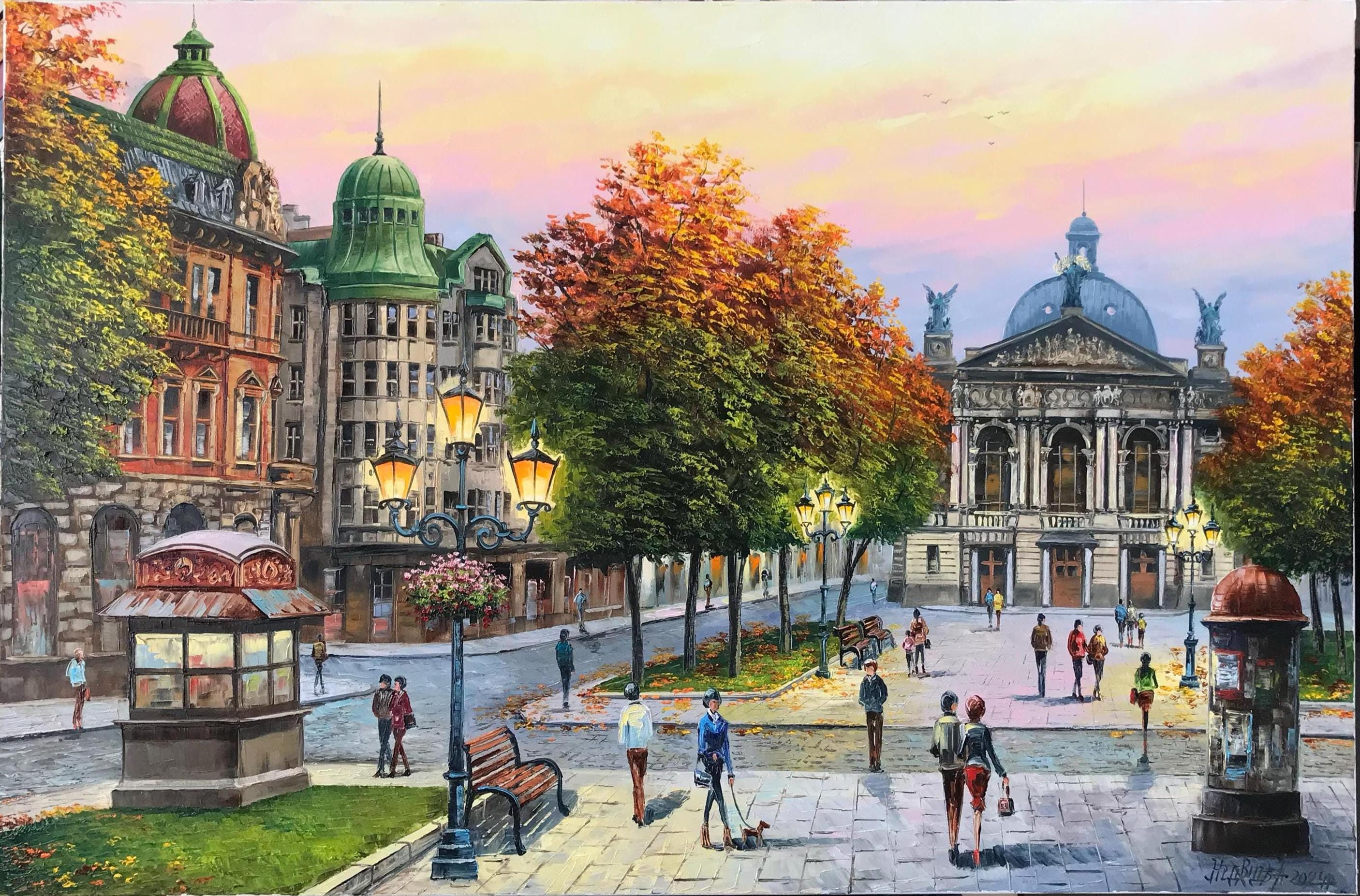 Lviv Ukraine Painting on Canvas European City Art Made in Ukraine Oil Painting Original Small Town Painting Street Scene European Artwork