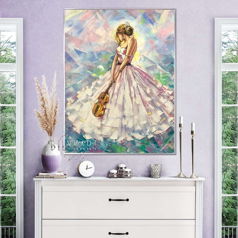 Woman in White Dress Oil Painting on Canvas, Violin Artwork, Violinist ...