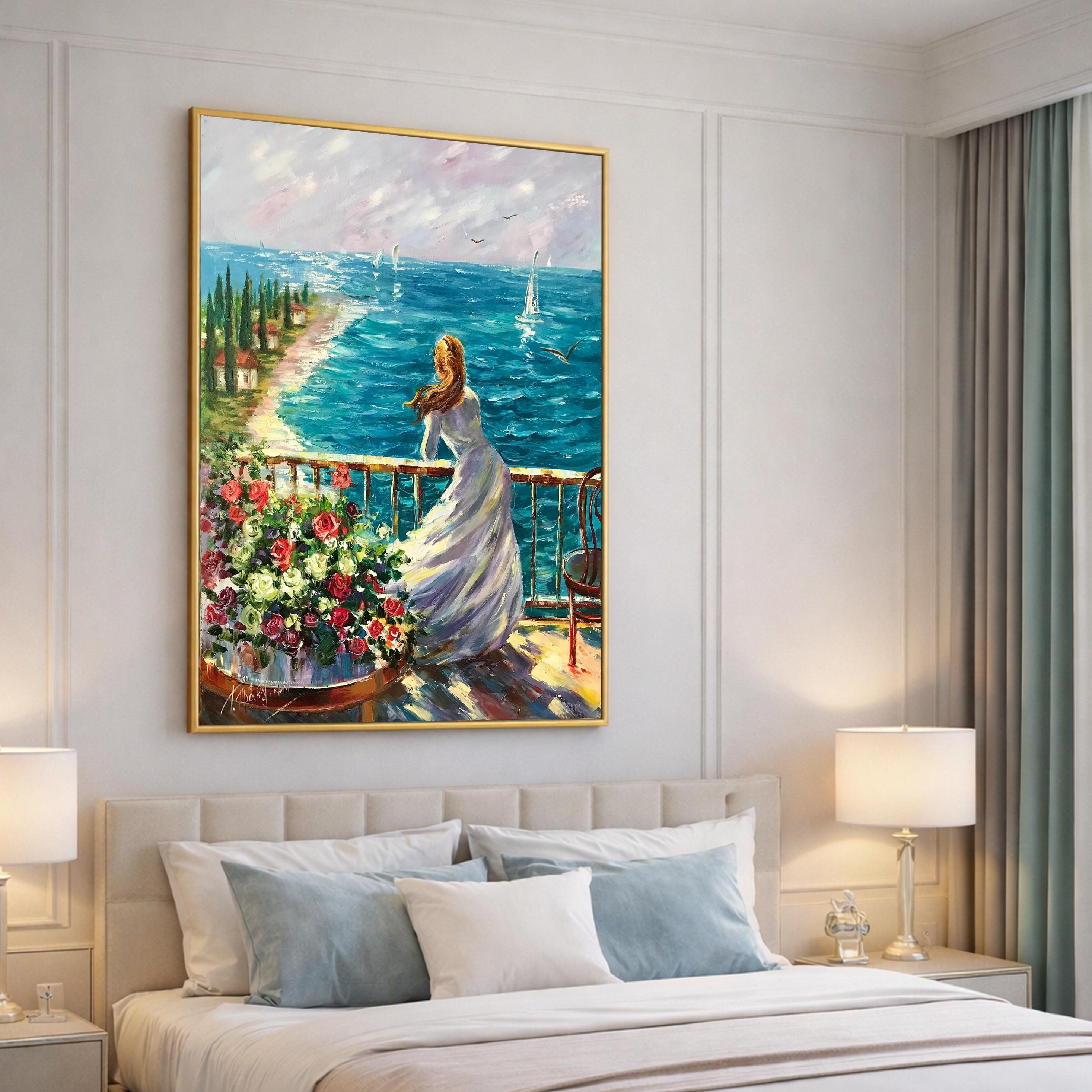 海辺の女性 油絵 ビーチで夢見る少女 アート風景 アートキャンバス