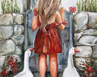 Farm Girl Goose Oil Painting: Country Folk Art, 16x20