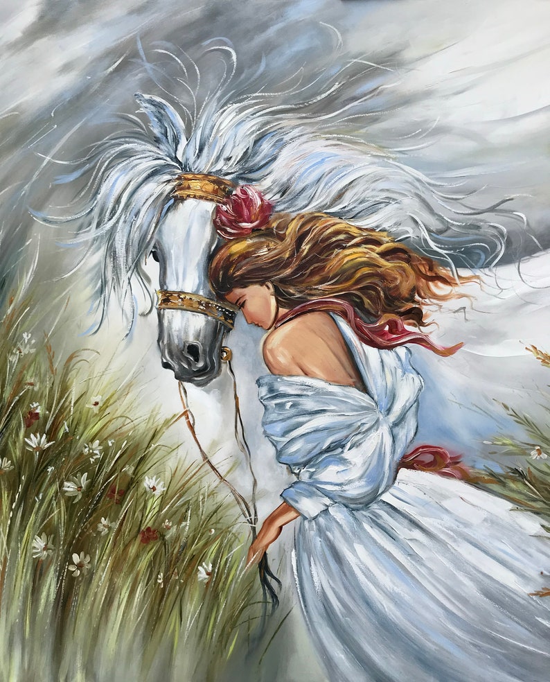 Girl and Horse Painting White Horse Wall Art Animal Painting Etsy