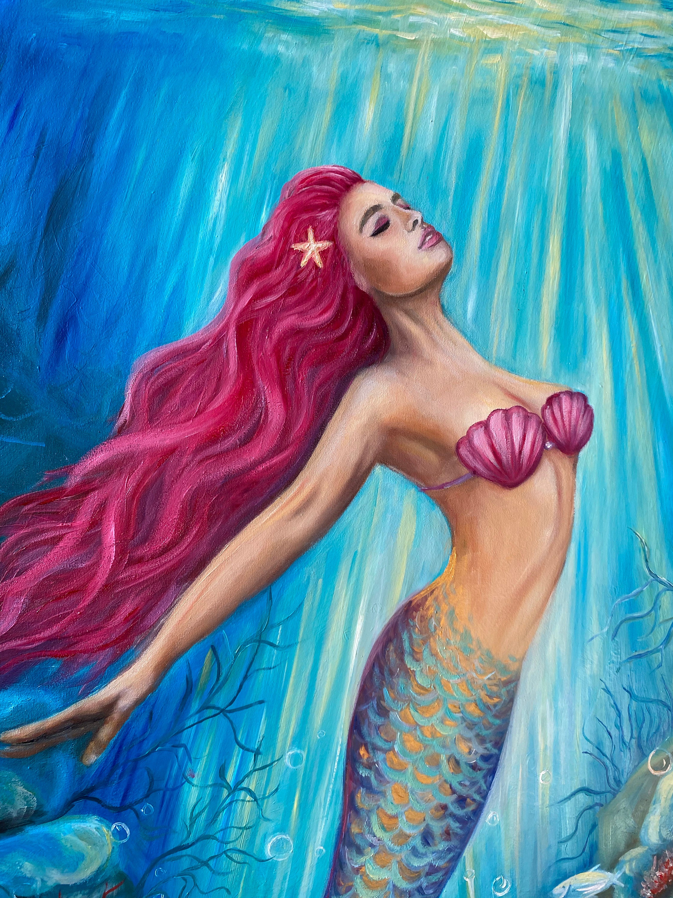 キャンバスに描かれた大きな人魚の油絵：水中のセイレーンアート（31.5