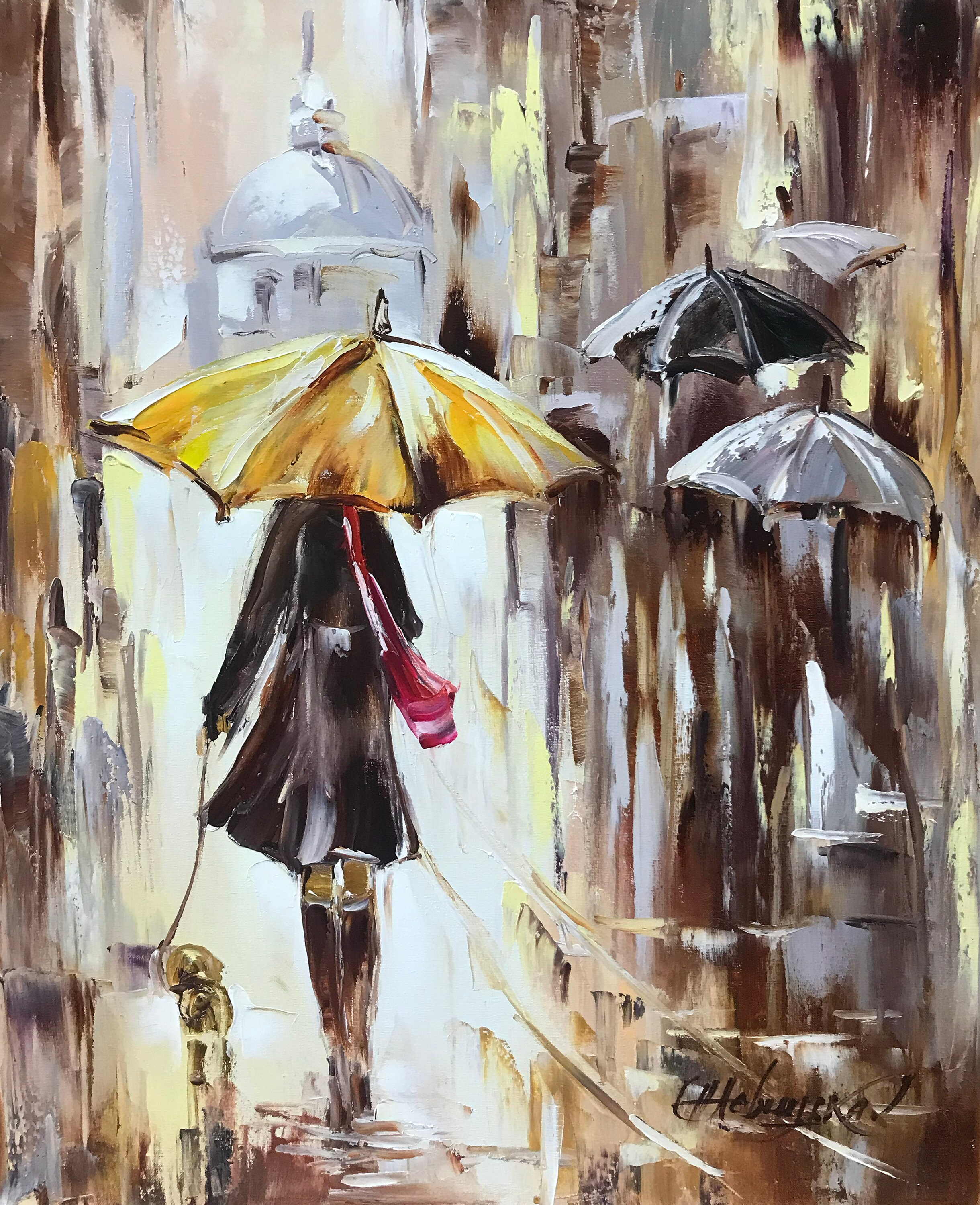 雨の中の傘を持つ人物の油絵