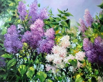 Original Lilac Blossom Oil Painting on Canvas, Signed Green Botanical Wall Art
