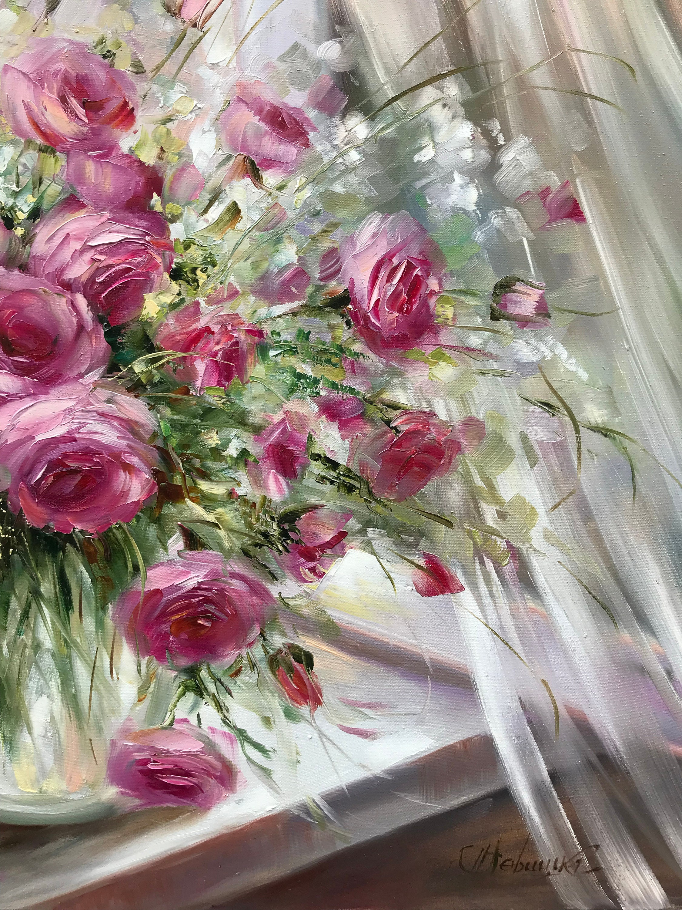 ピンクのバラの油絵オリジナル、花瓶に入った大きな花束のアートワーク