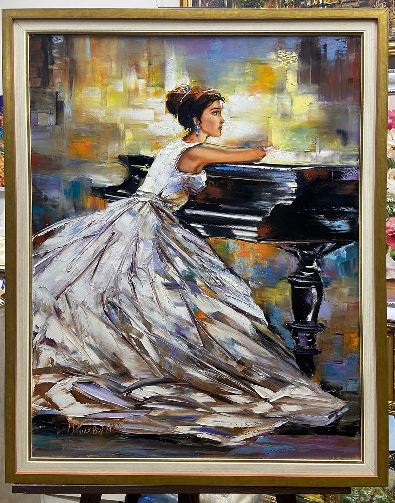 Pianist Painting Girl Grand Piano Wall Art Woman Sitting Art - Etsy