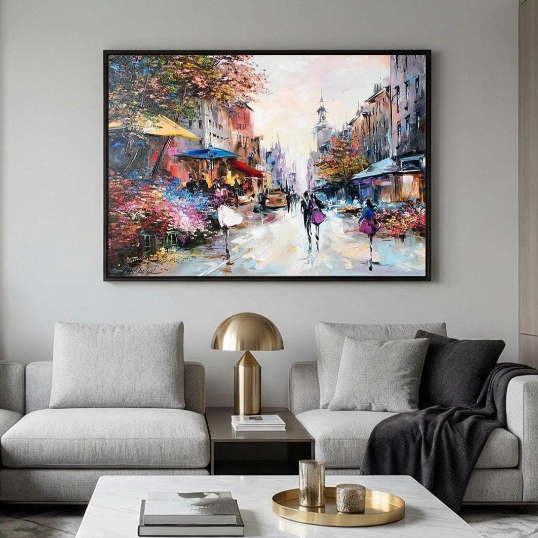 抽象的な都市景観の油絵 オリジナル フランスのカフェ風景 パリの絵画