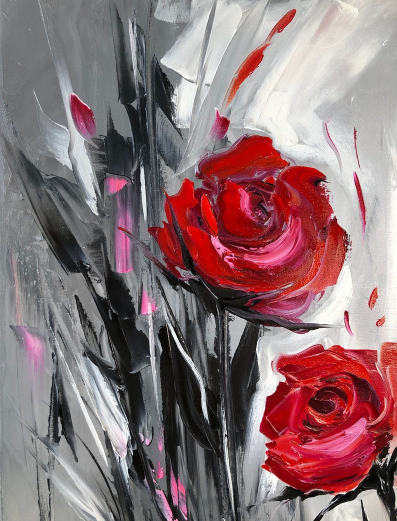 Extra Large Abstract Black and White Art Red Flowers Painting Etsy