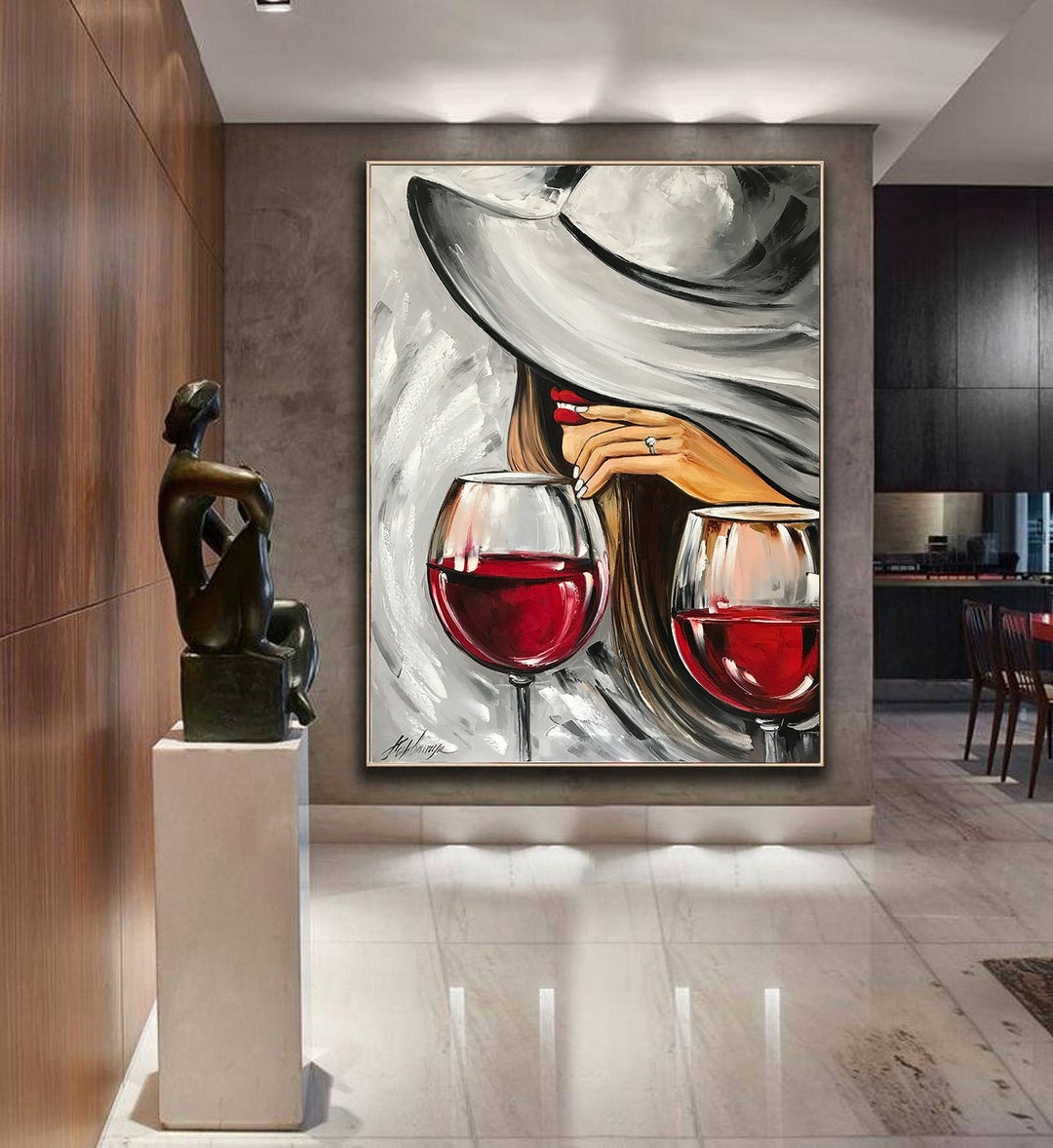 Wine Glasses Painting Original Mystery Girl Painting Red Lips Etsy  Australia