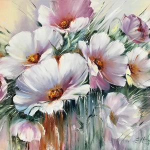 Abstract Floral Original Oil Painting Canvas Floral Wall Art Purple Flowers Painting Abstract Flower Art Modern White Floral Painting