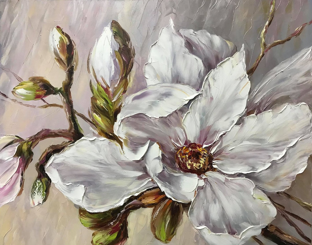 Large Magnolia Painting White Pearl Flower Wall Art Soft Pastel