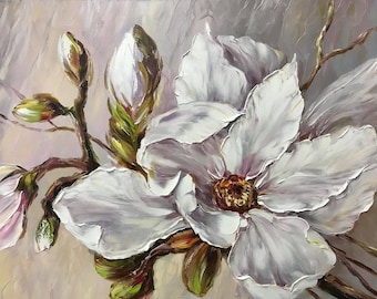 Large Magnolia Painting White Pearl Flower Wall Art Soft Pastel Painting Magnolias Art Modern Room Decor XL Big Flowers Blossom Oil Painting