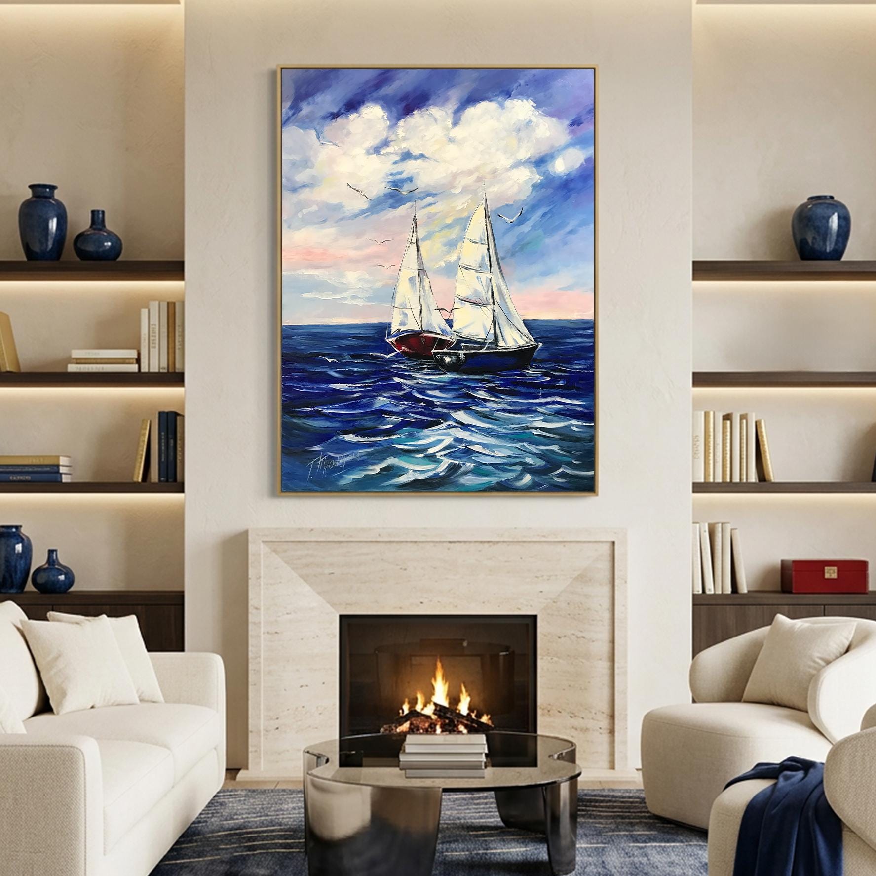 Large Sailboat Seascape Oil Painting on Canvas, Blue Ocean Wave