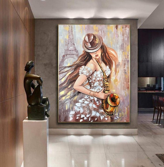 絵画 油絵 　シャバス サックスを演奏する女性（キャンバスに油絵）、抽象的な女性ジャズ