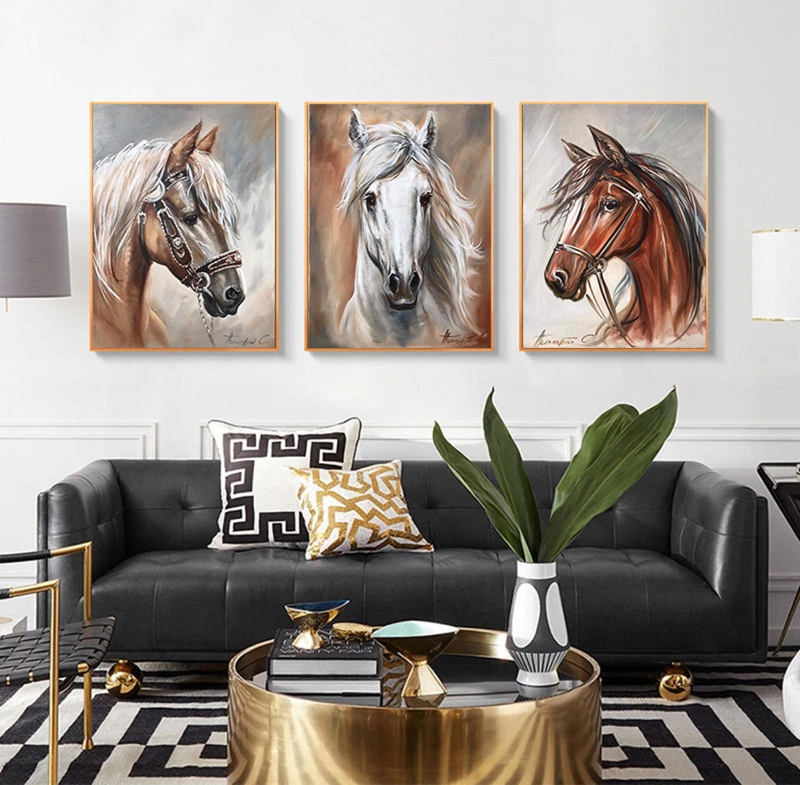Original Horses Wall Art Set of 3 Paintings Horse Art Etsy