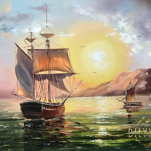Sailing Ship Oil Painting Original Ship At Sunset Painting Sailing Wall Art Coastal Sailboat Artwork Ships at Sea Paintings Sailing Art