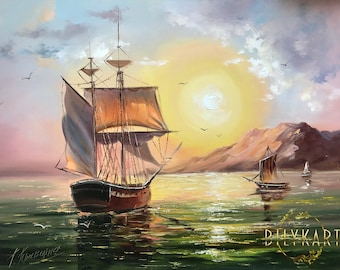 感謝の声続々！ 帆船の油絵 夕日に沈む船のオリジナル絵画 帆船の壁画 沿岸の 絵画