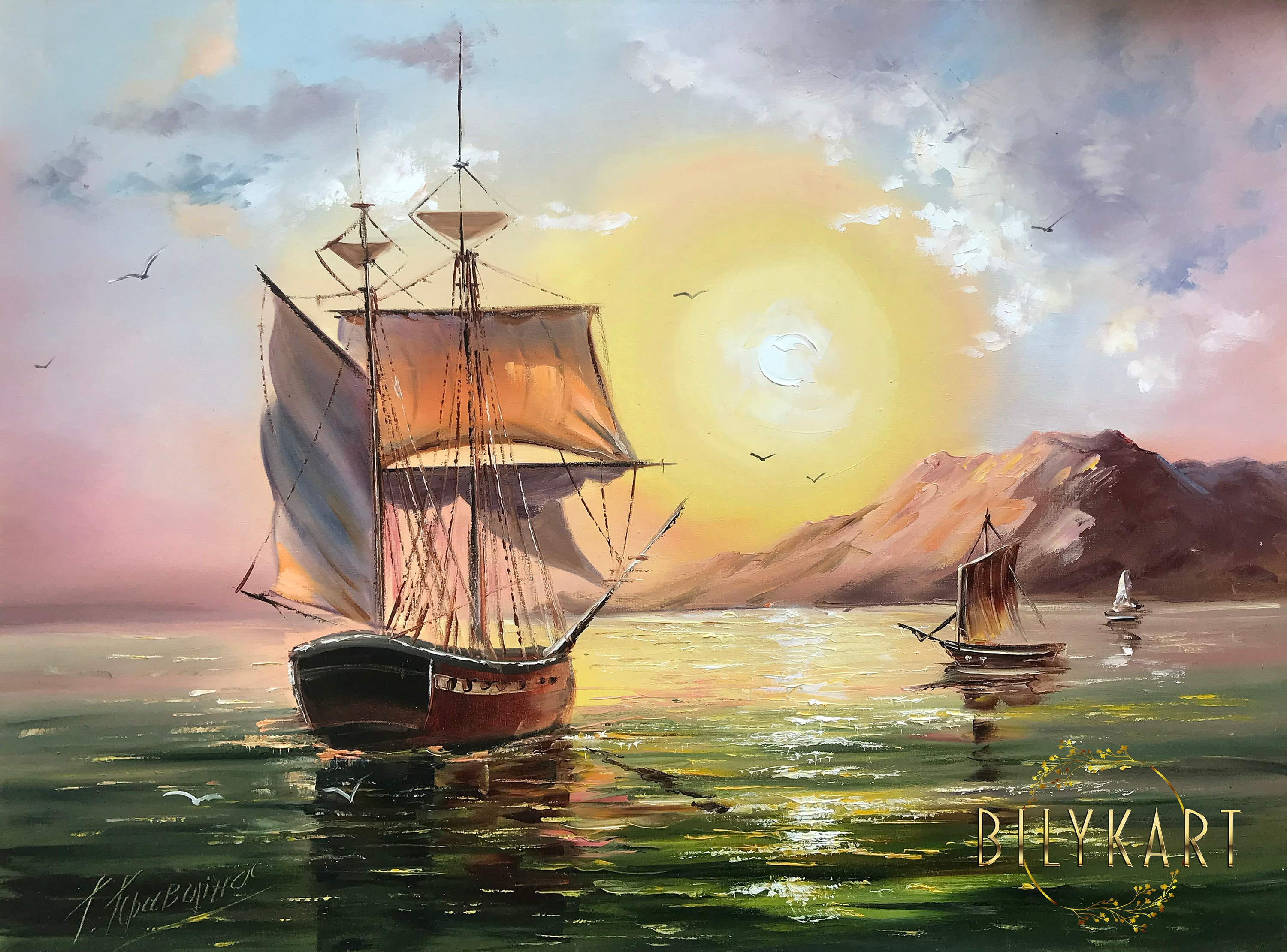 帆船の油絵 夕日に沈む船のオリジナル絵画 帆船の壁画 沿岸の 帆船の油絵 夕日に沈む船のオリジナル絵画 帆船の壁画 沿岸の