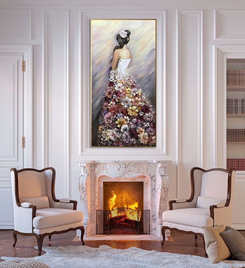 Woman in Flower Dress Oil Painting Original 30x60 Canvas Wall Etsy