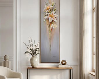 背の高い細長いユリの花の油絵、細長い抽象的な花柄のキャンバス壁画