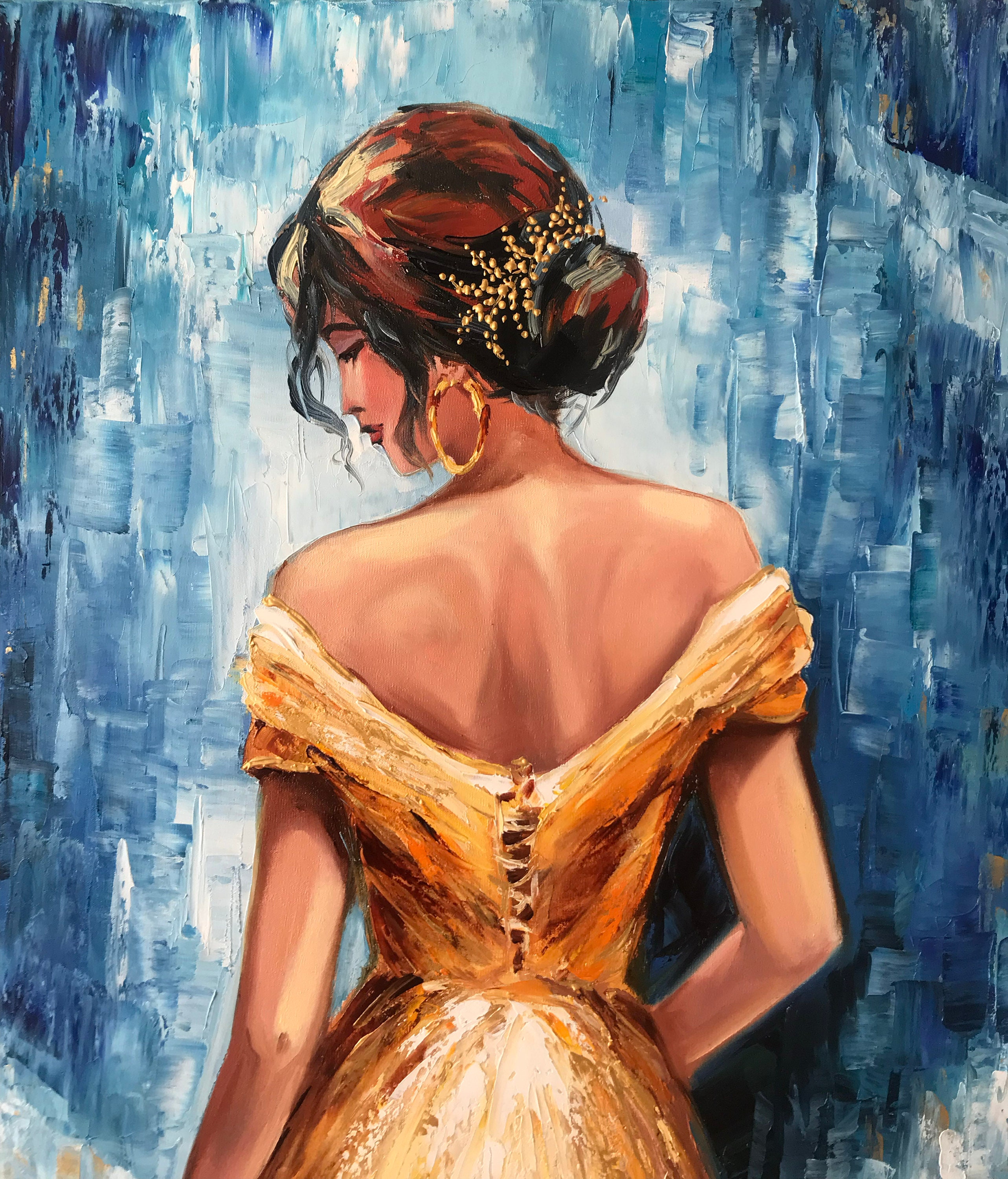 油彩画 ヴァイオリン?を持つ女性 金色 額縁が素晴らしい! 人気海外ブランドアイテム｜ファッション通販 油彩画
