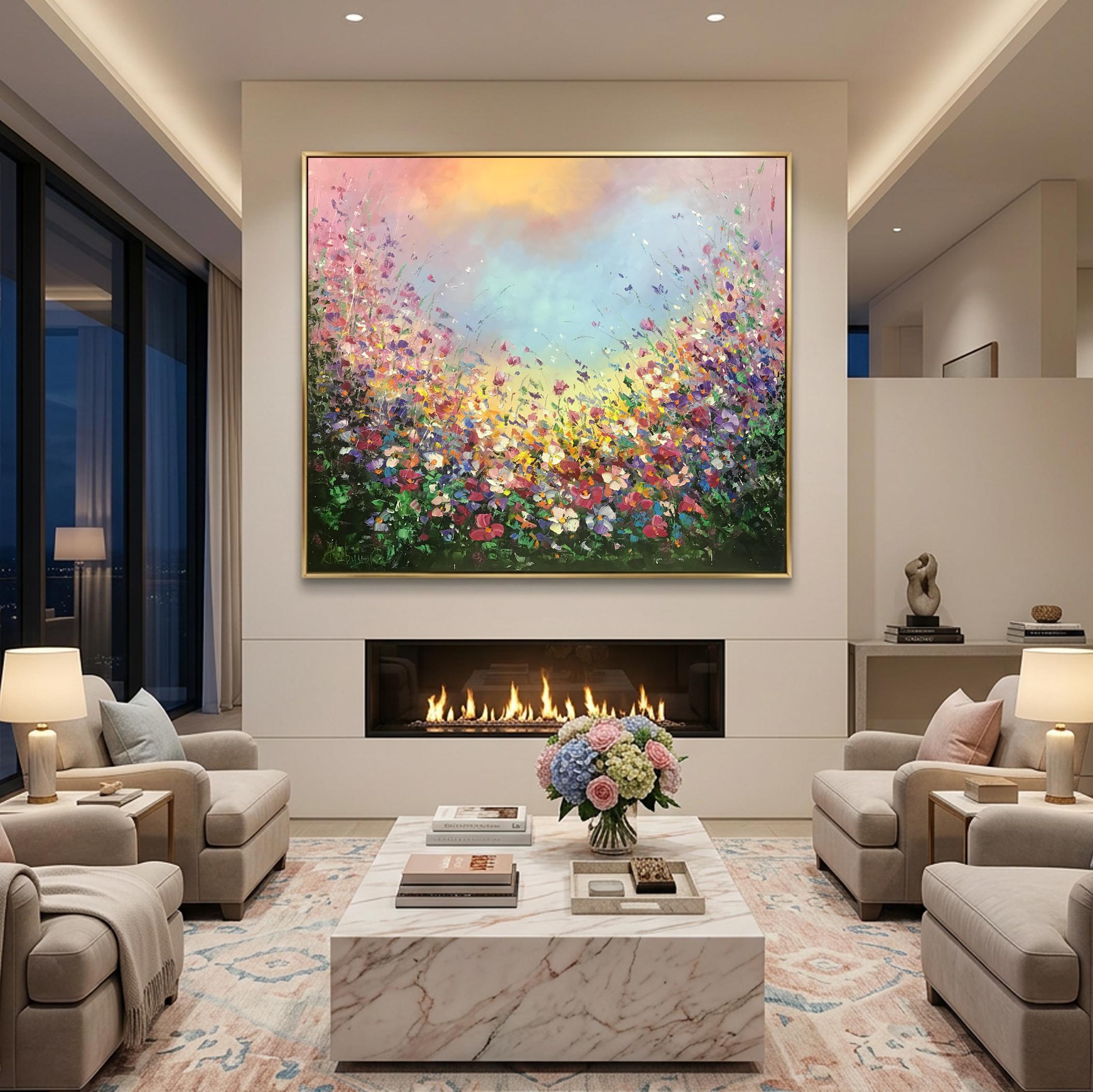 抽象的な野の花のオリジナル絵画、花畑のアート、屋外絵画、キャンバス