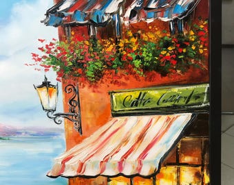 イタリアのカフェを描いた油絵オリジナル、イタリアの海辺の村のアート