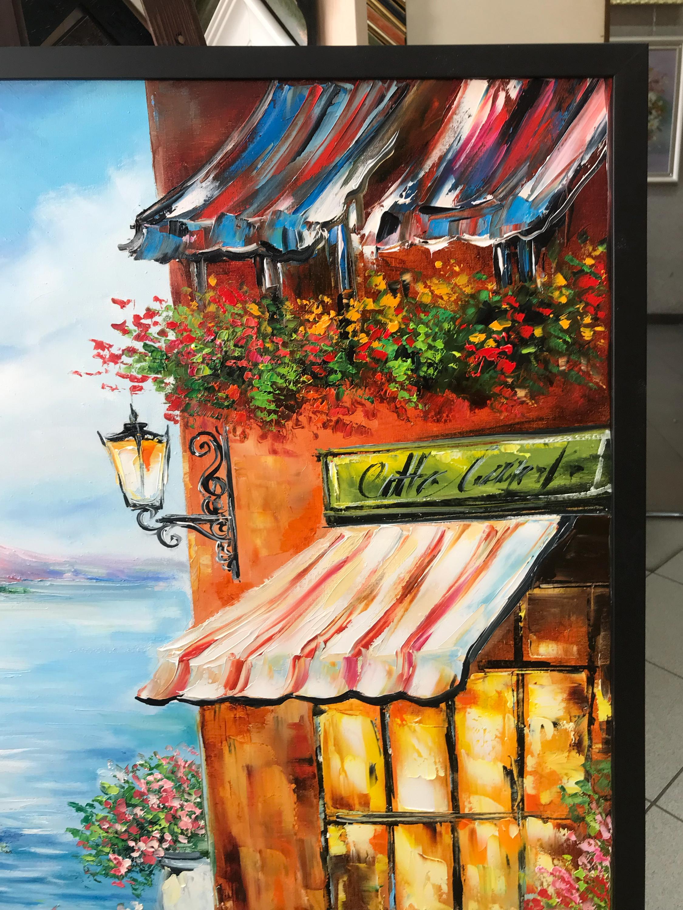 イタリアのカフェを描いた油絵オリジナル、イタリアの海辺の村のアート