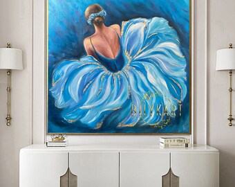 抽象的なバレリーナの油絵オリジナルの青いバレリーナの壁アートドレス