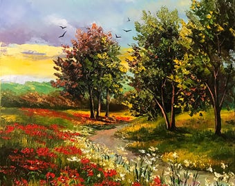 油絵 絵画「田園」P10 油彩画 風景画 アート イギリスの田園風景画、野の花の絵、夏の草原の風景画、額装された風景