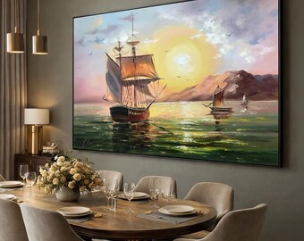 帆船の油絵、夕日の船のオリジナル絵画、帆船の壁掛けアート、沿岸の
