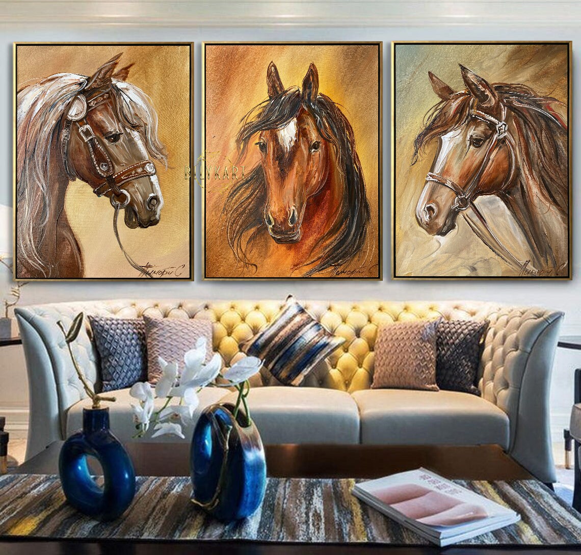 Set of 3 Oil Painting Original Large Horse Wall Art Decor Etsy